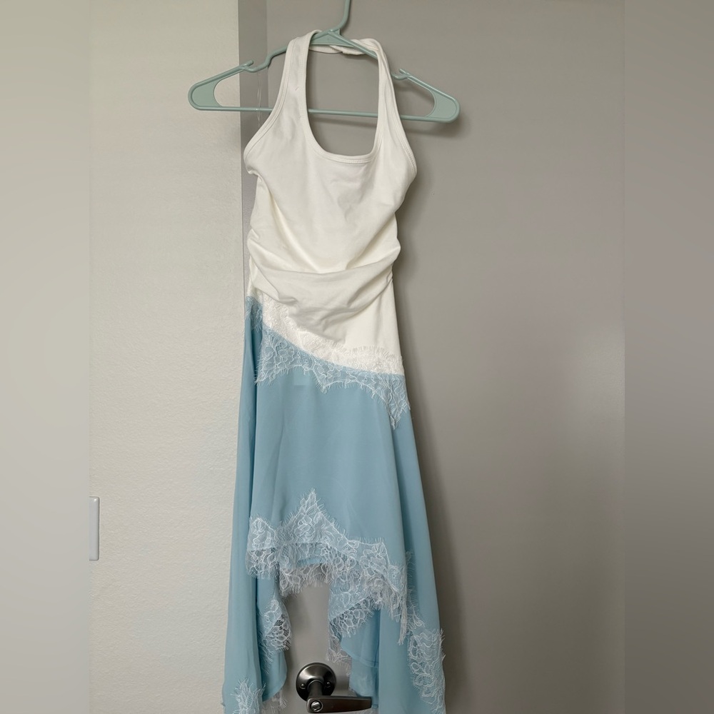 Peppermayo Brionee Midi White and Light Blue Lace Trim Halter Dress - Picture 5 of 10